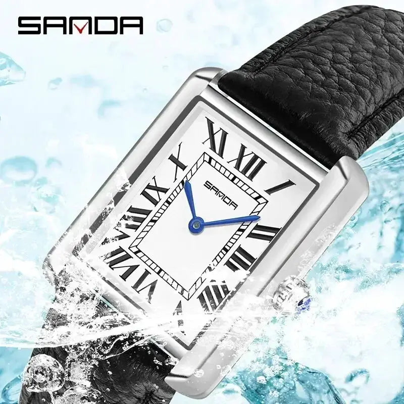 SANDA luxury couple quartz watch, white dial with Roman numerals, blue hands, waterproof black leather strap.