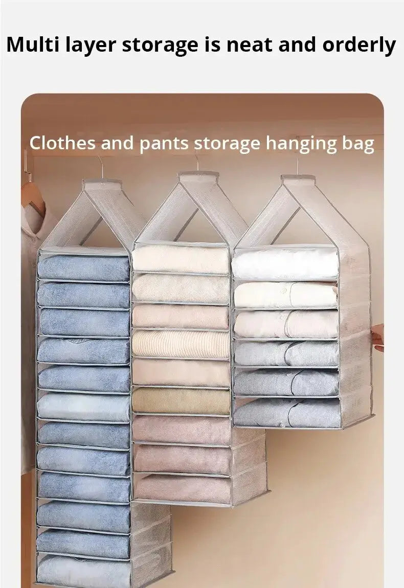 Wardrobe hanging storage bag by Simples Market, three gray closet organizers for folded clothes.