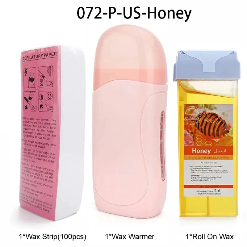 Wax warmer kit with pink device, honey roll-on wax, and 100 wax strips
