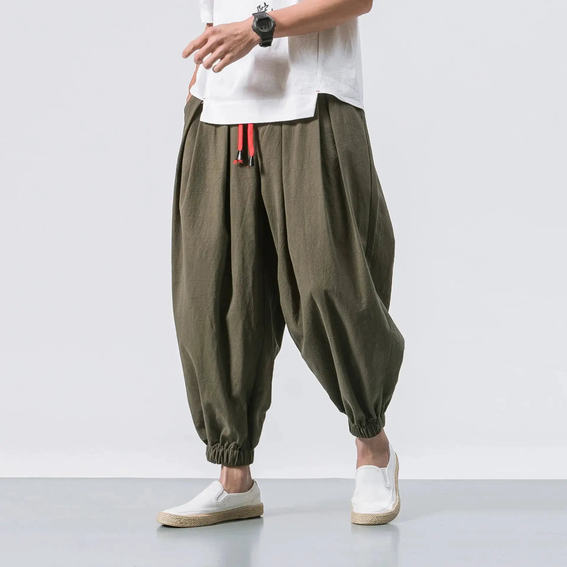 FGKKS Men Loose Harem Pants Linen Cotton Blend Oversize Sweatpants Casual Trousers