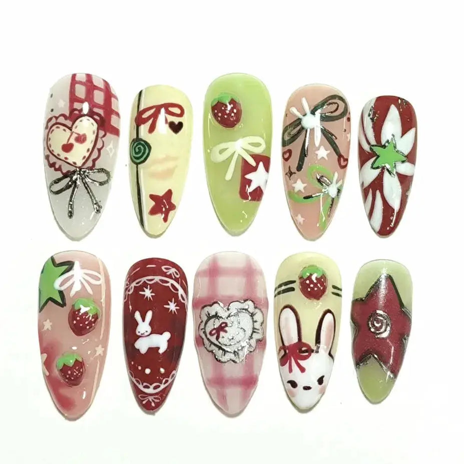 Spicy Girl Flower Print Press On Nails 24Pcs Wine Red Blush Almond Wearable Reusable False Nail Tips For Summer