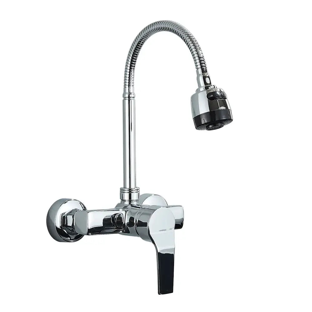 Chrome wall-mounted dual-hole kitchen faucet by Simples Market with flexible gooseneck spray head