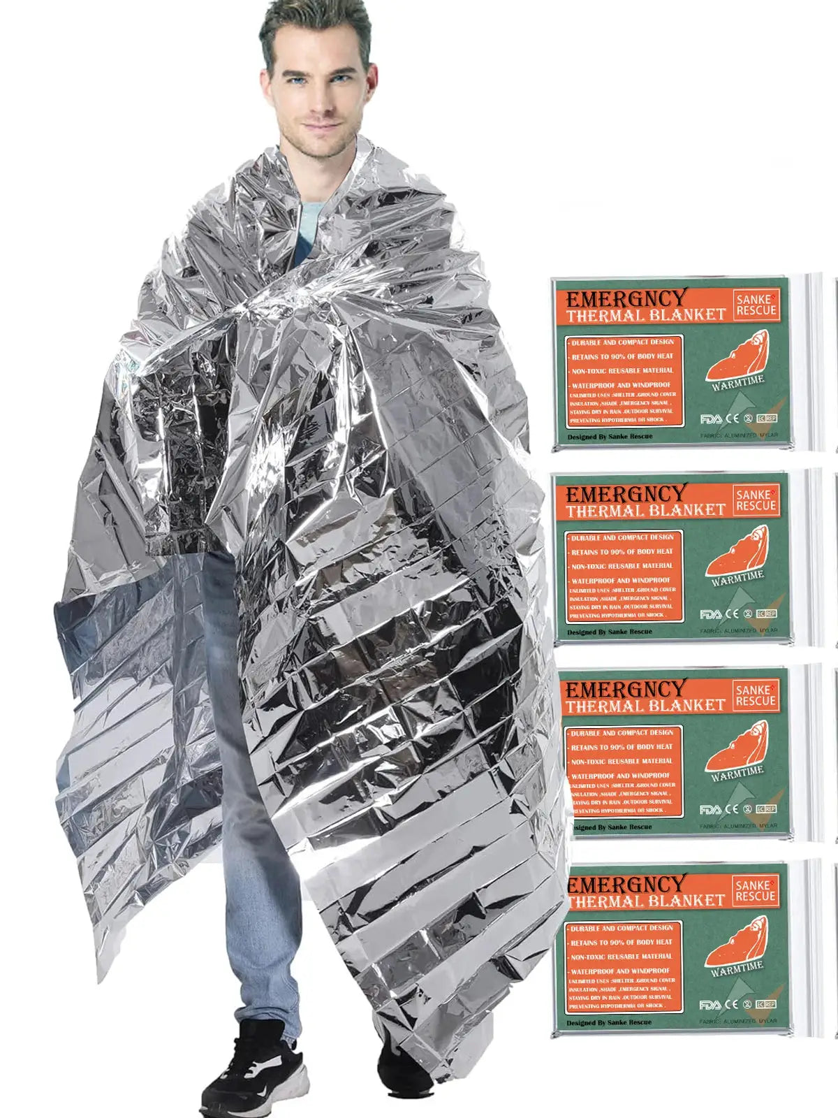 Simples Market emergency thermal blanket, silver Mylar space foil, 3-pack, person wrapped in reflective blanket