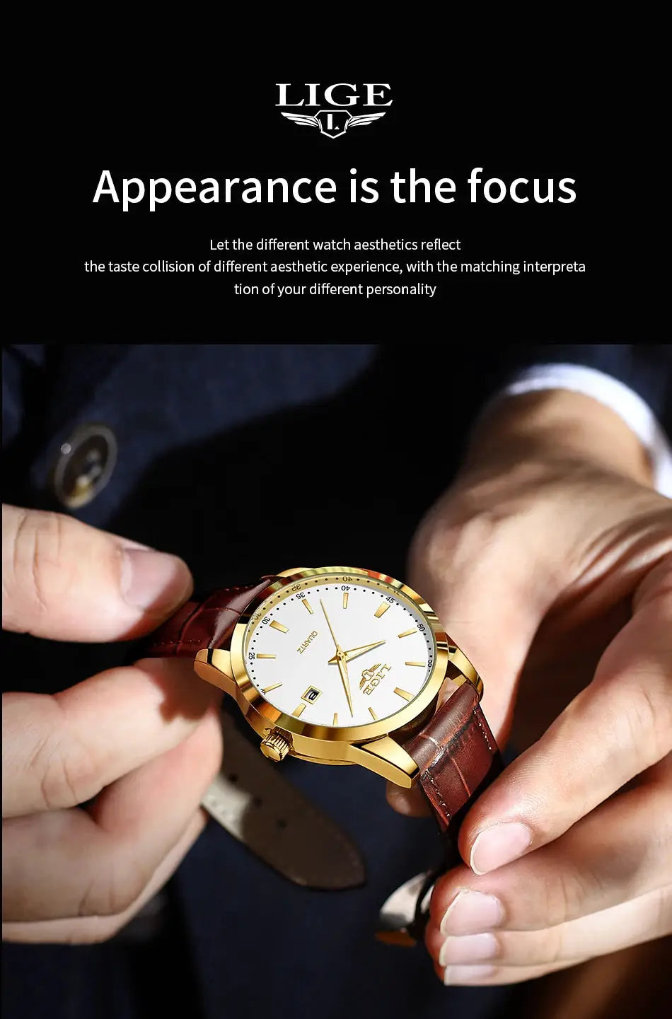 LIGE men's watch with gold-tone case, white dial, date window, and brown leather strap