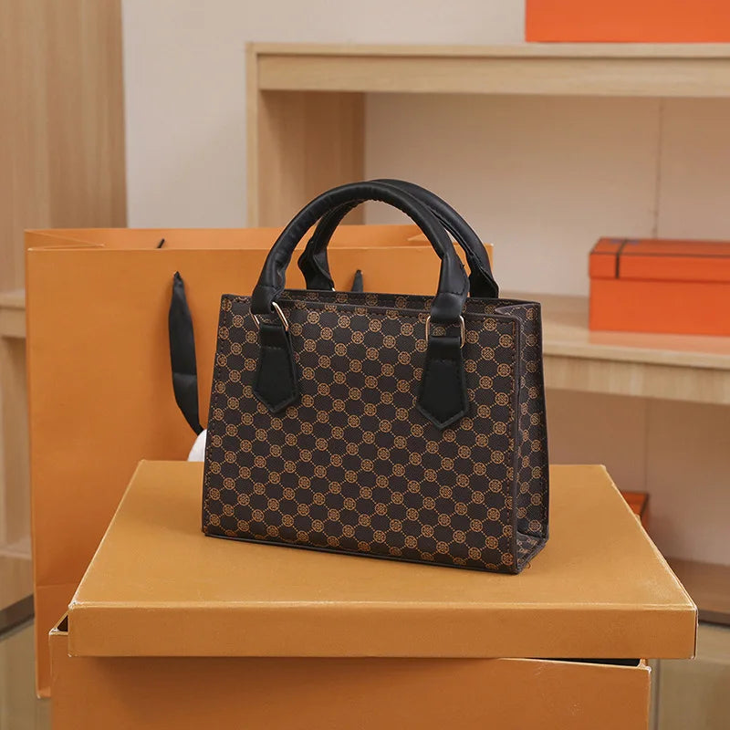 Square top-handle handbag in brown plaid PU leather with black handles, casual daily tote