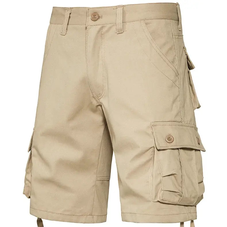Simples Market mens beige cotton cargo shorts with belt loops and side cargo pockets.
