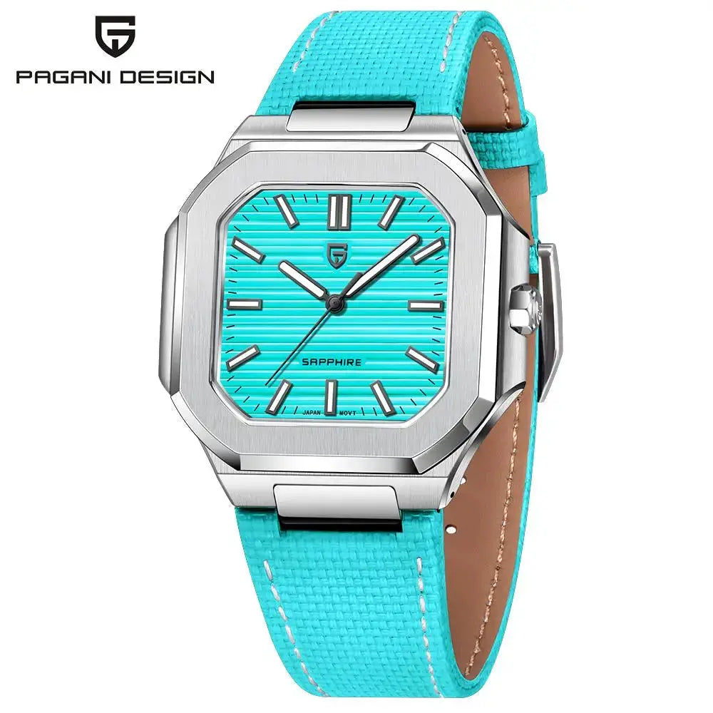 Pagani Design men's quartz wristwatch with turquoise dial on turquoise strap, stainless steel case.
