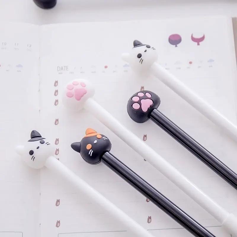 Kawaii cat gel pens set, 4 white and black pens with paw-print toppers, black ink