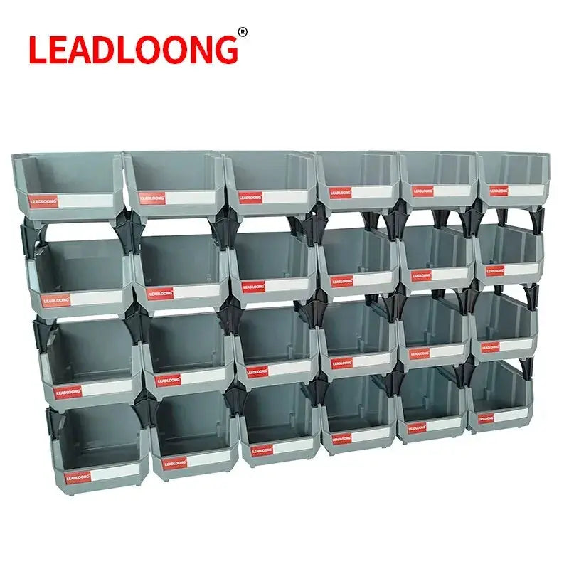 Leadloong gray stackable parts bin set, 24 plastic tool storage boxes with red labels
