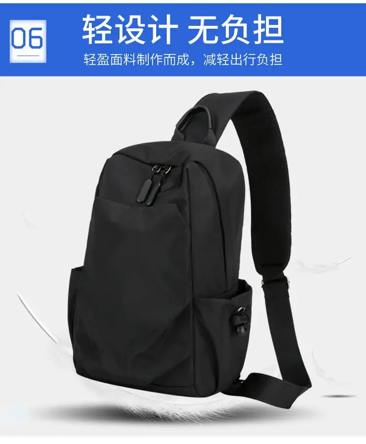 Men's black canvas chest bag by Simples Market, crossbody sling with adjustable strap and zip pockets.
