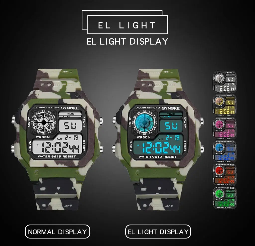 Two SYNOKE outdoor military digital watches for men with camouflage straps and dual EL light displays