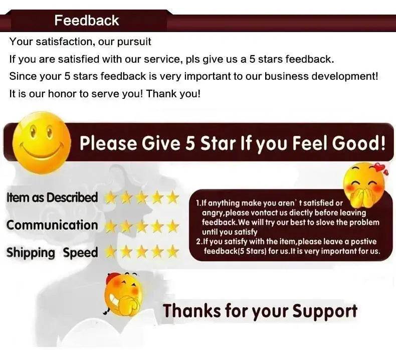 Feedback screen with maroon header, yellow smiley, and 5-star prompts for Item as Described, Communication, and Speed.