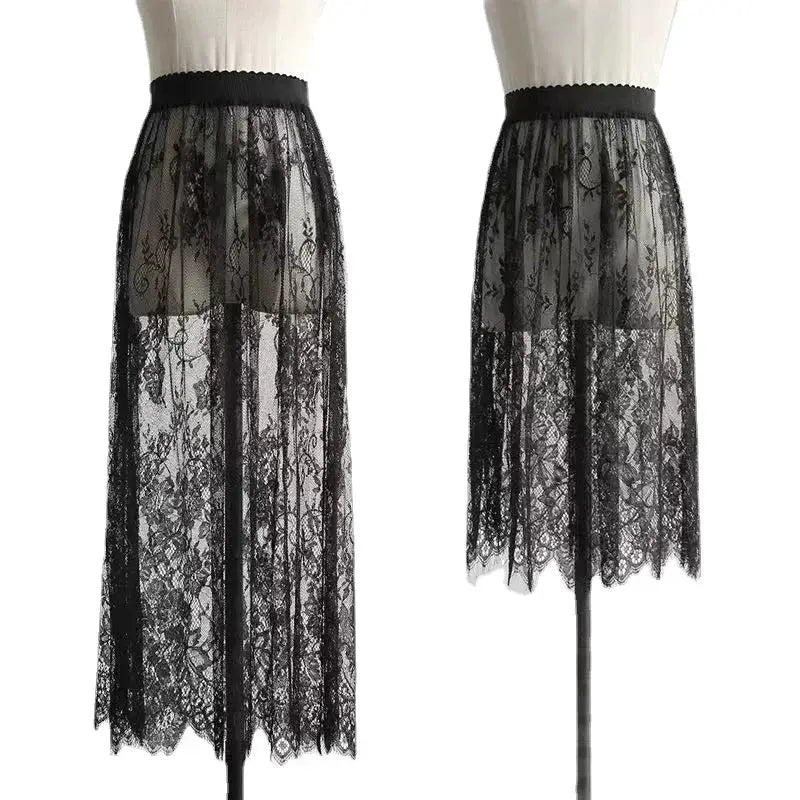 Black lace long skirt with sheer tulle overlay, elastic high waist, two lengths shown
