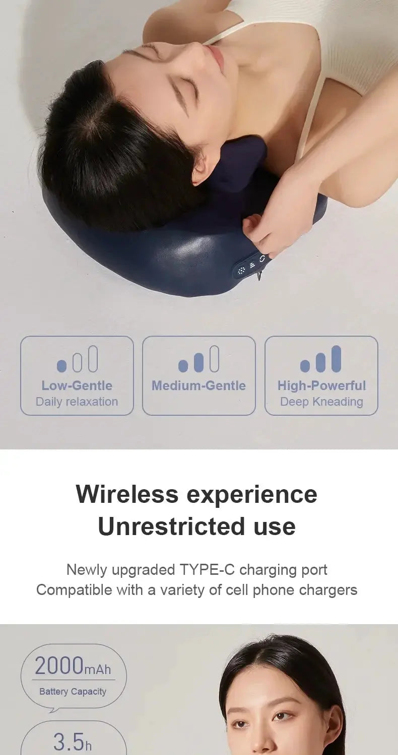 JAIYORL trapezius electric massage pillow, navy blue wireless neck and back massager with heating by Simples Market