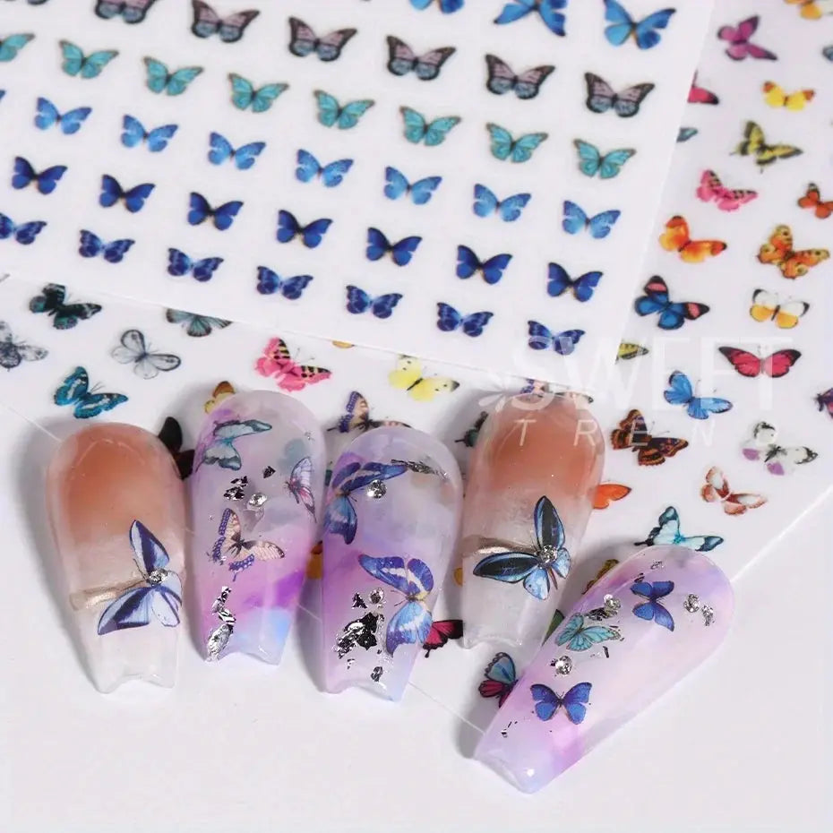 3pcs luminous butterfly nail decal stickers by Simples Market; blue/purple butterfly designs, glow-in-the-dark manicure