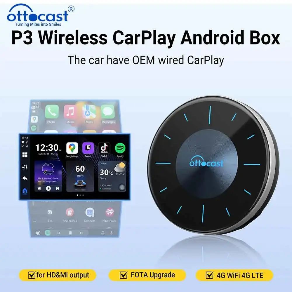 OTTOCAST P3 Wireless CarPlay Android Box, round black device with blue LED accents, shown with car infotainment display
