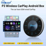 OTTOCAST P3 Wireless CarPlay Android Box, round black device with blue LED accents, shown with car infotainment display