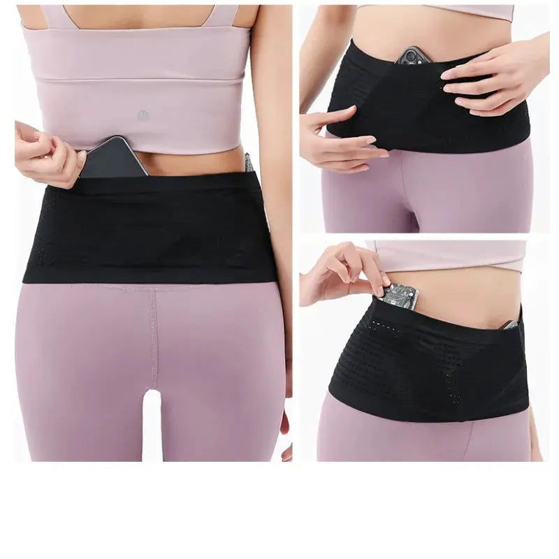 Seamless invisible running waist belt bag in black with perforated panel, unisex fitness fanny pack for phone.