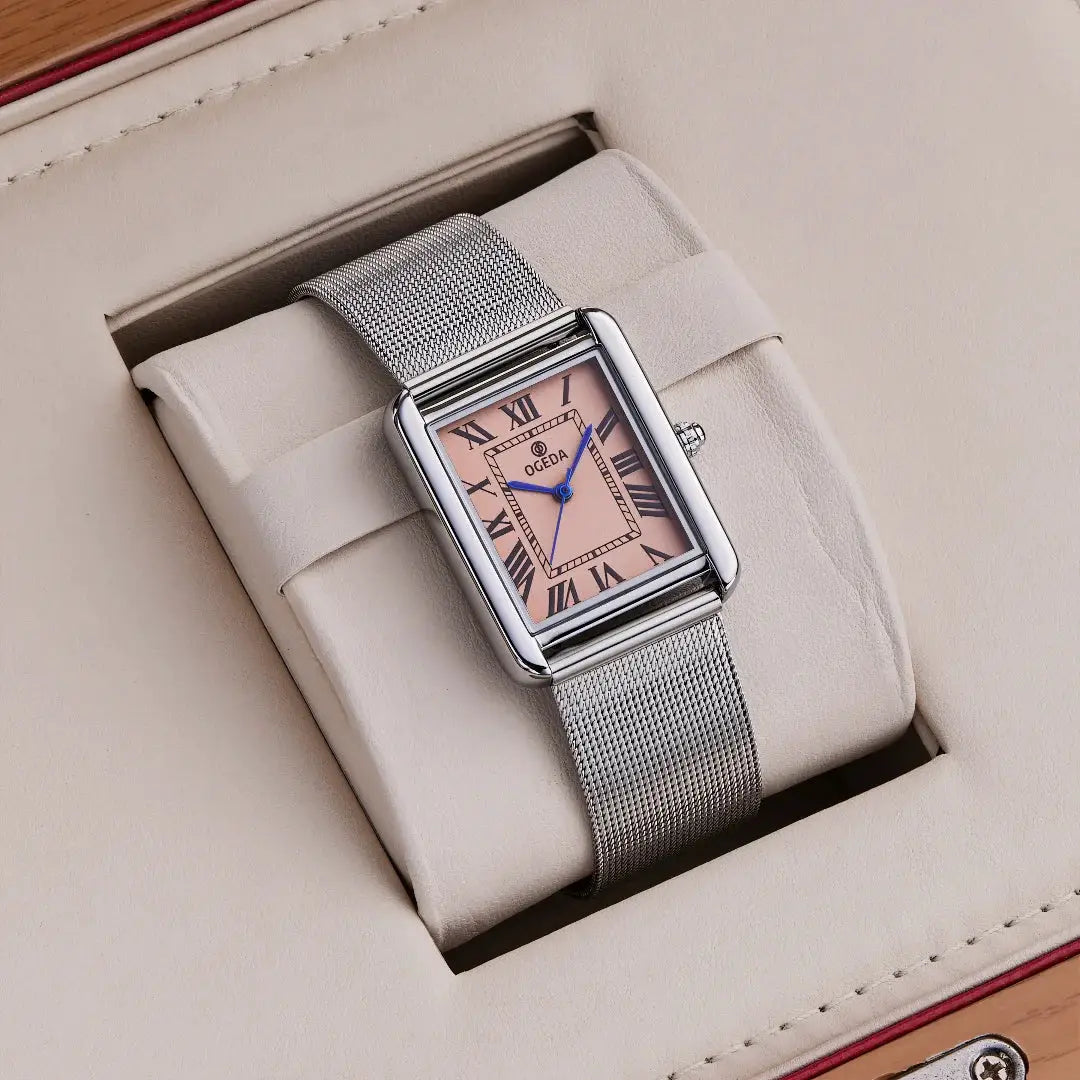 OGEDA waterproof couple watch with square peach dial, blue hands, and stainless steel mesh strap