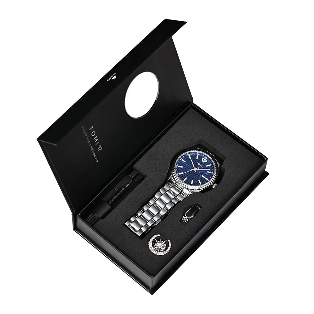 TOMI 4-piece men's stainless steel watch gift box set with blue dial; includes ring, pendant and adjustment tool