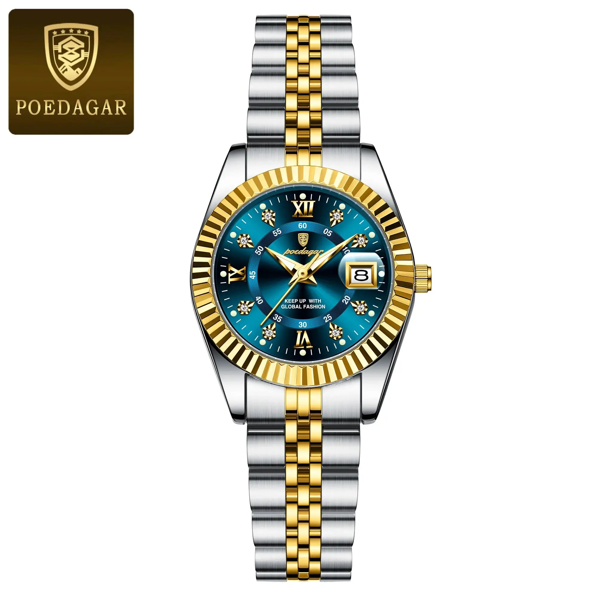 POEDAGAR women's luxury watch, two-tone stainless steel bracelet, blue dial with date