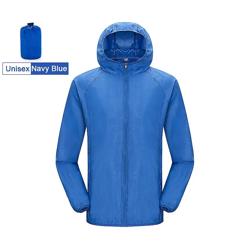 JNLN Unisex Navy Blue waterproof hiking jacket with hood, quick-dry windbreaker