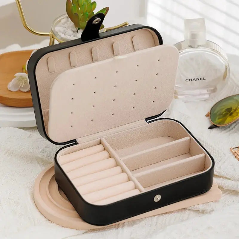 VoyageLux Leather Portable Jewelry Storage Box Travel Organizer For Earrings Necklaces Rings Case
