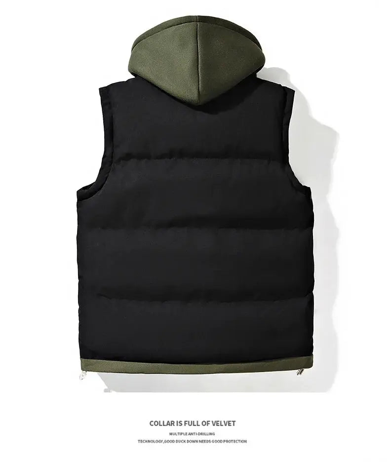 Simples Market hooded puffer vest for men, black sleeveless coat with olive hood and hem, windproof.