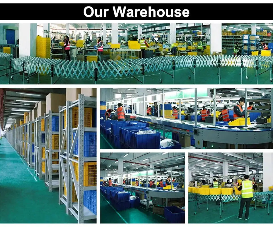 Warehouse collage showing organized racking, packing stations and workers in safety vests under Our Warehouse banner