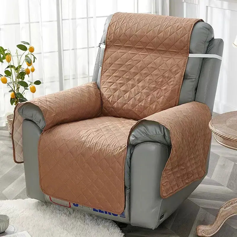 Solid brown quilted recliner sofa cover with anti-slip, armchair slipcover for protection.