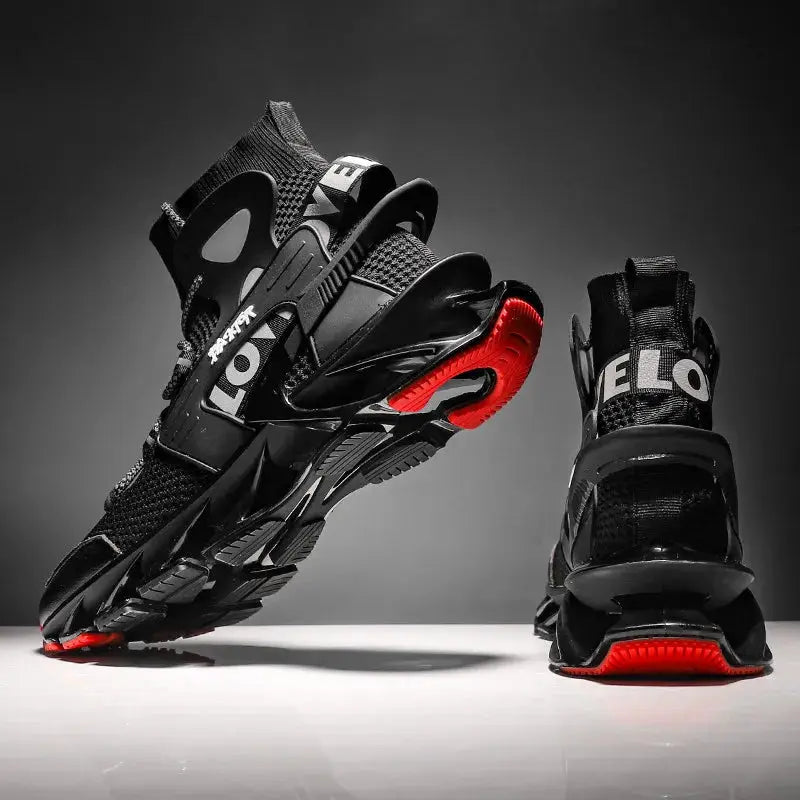 Pair of men's black sneakers with red outsole accents, athletic trainer from Simples Market