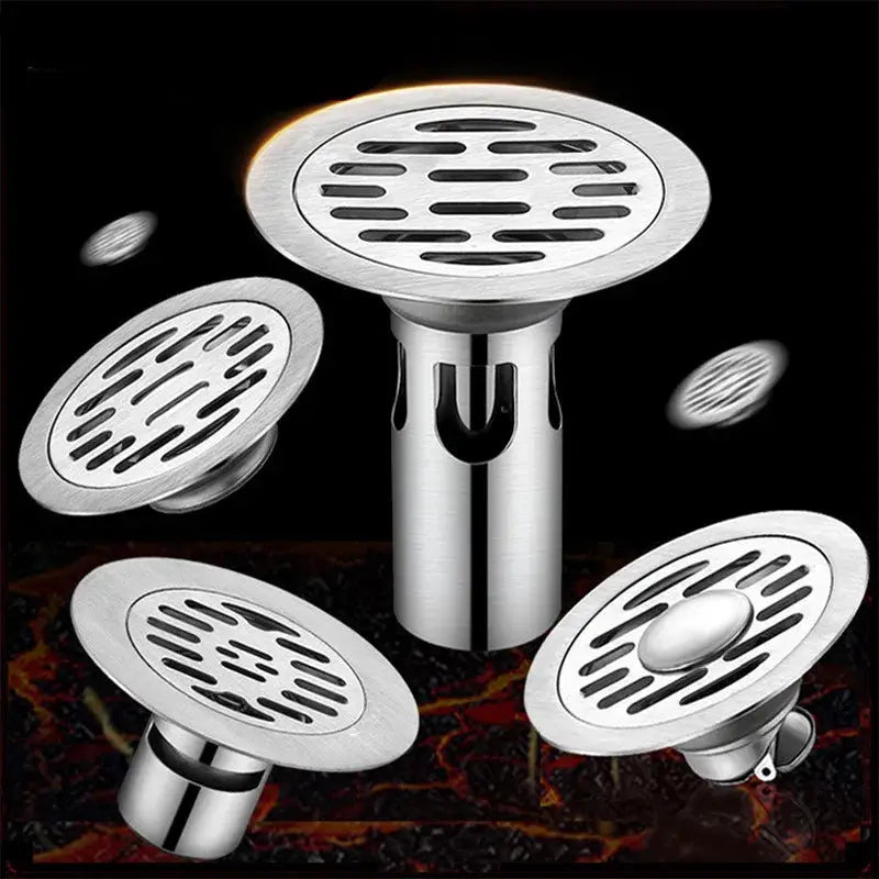 Stainless steel floor drain set, 4-pack, with anti-odor design for shower and tub by Simples Market.
