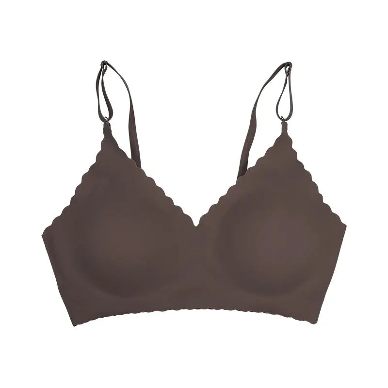Padded wire-free bra in brown with scalloped wavy edge and adjustable straps