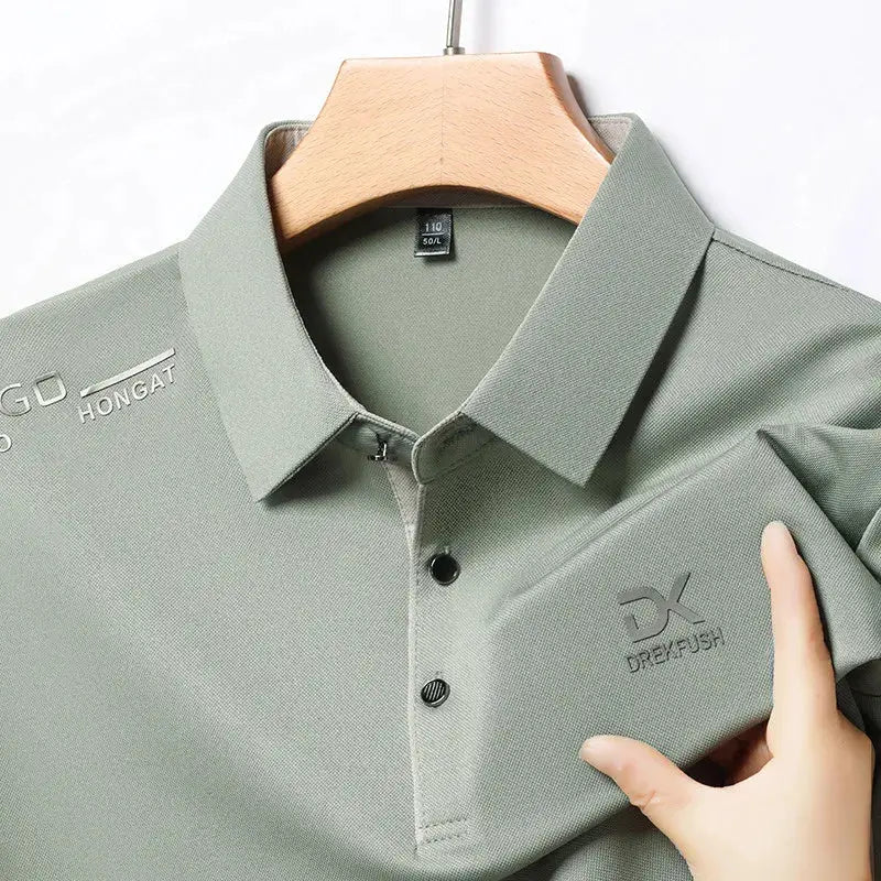 Men's polo shirt, sage green solid color with left chest badge, short sleeves