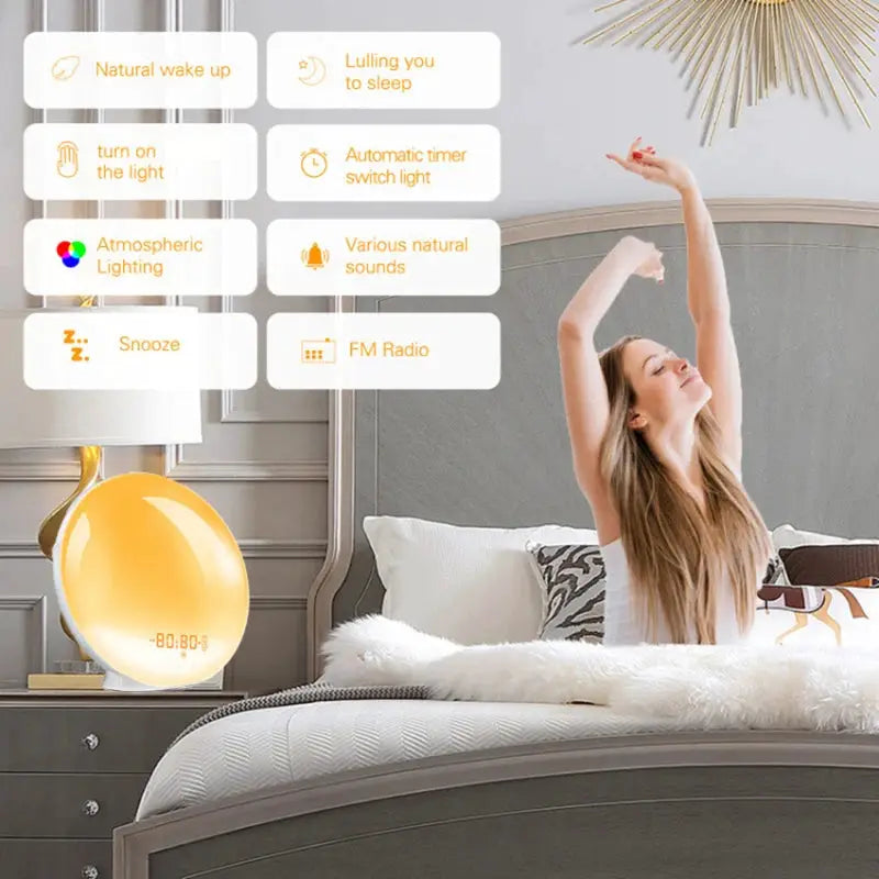 Sunrise alarm clock by Simples Market; yellow wake-up light with digital display and FM radio on a bedside nightstand