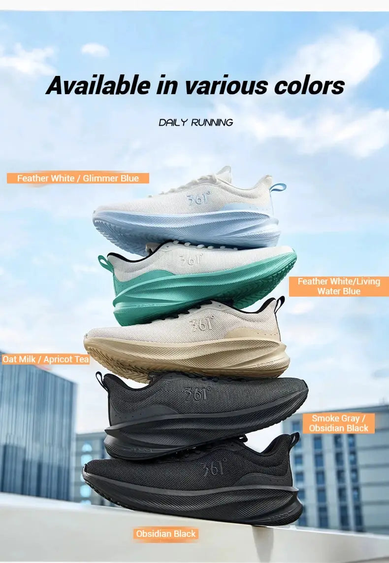 361° Fengye 5.0 running shoes, five colorways stacked: Feather White, Living Water Blue, Obsidian Black.