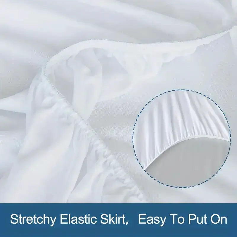 Waterproof mattress protector cover, white breathable knitted fabric with stretchy elastic skirt, Simples Market.