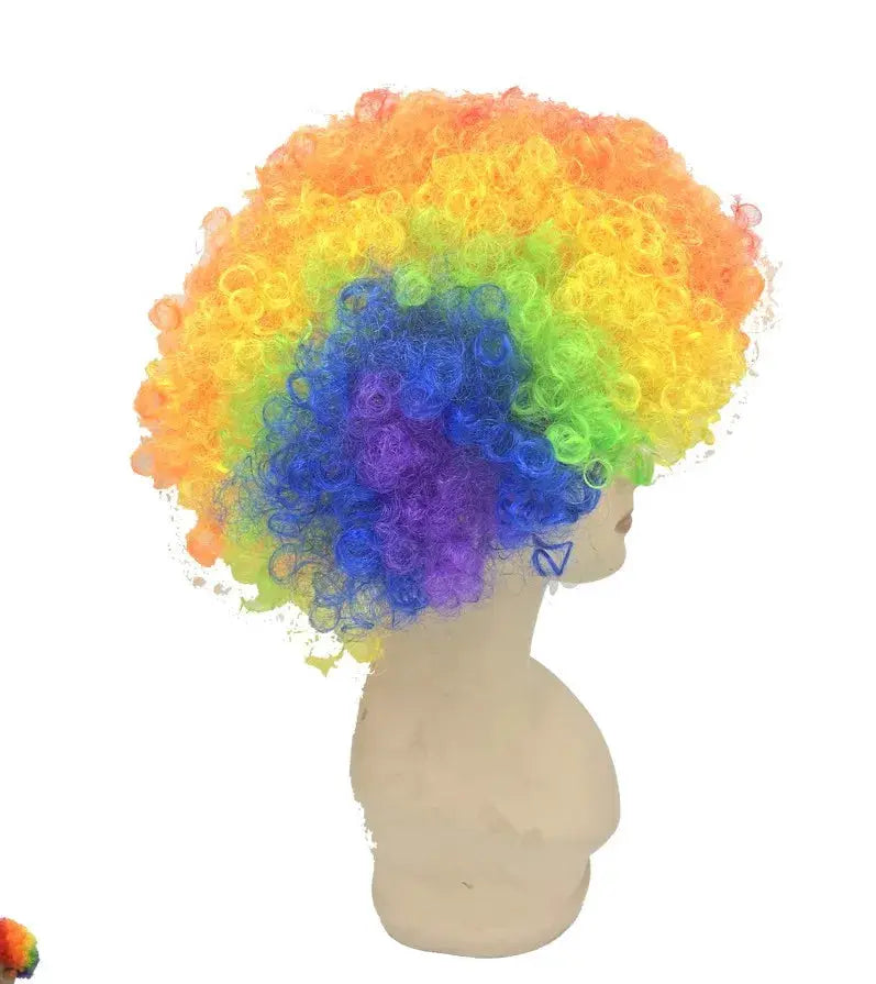 Voluminous rainbow clown wig with curly multicolor hair on a mannequin head for a party costume
