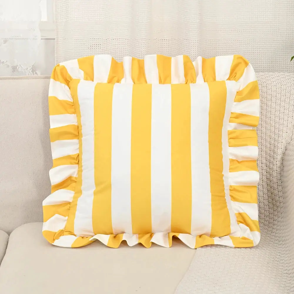 Striped velvet pillowcase 18x18 in, yellow and white with ruffled edges