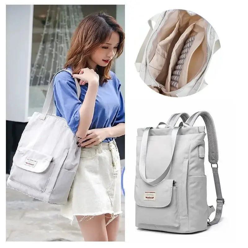 Women's waterproof Oxford canvas laptop backpack by Simples Market in light gray with front pocket, fits 13–15.6 laptops
