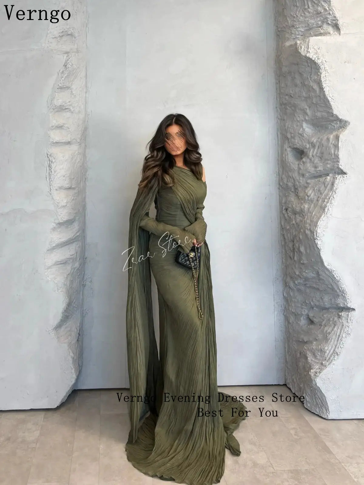 Verngo Green Shiny Formal Evening Dress O Neck Sleeves Prom Gown
