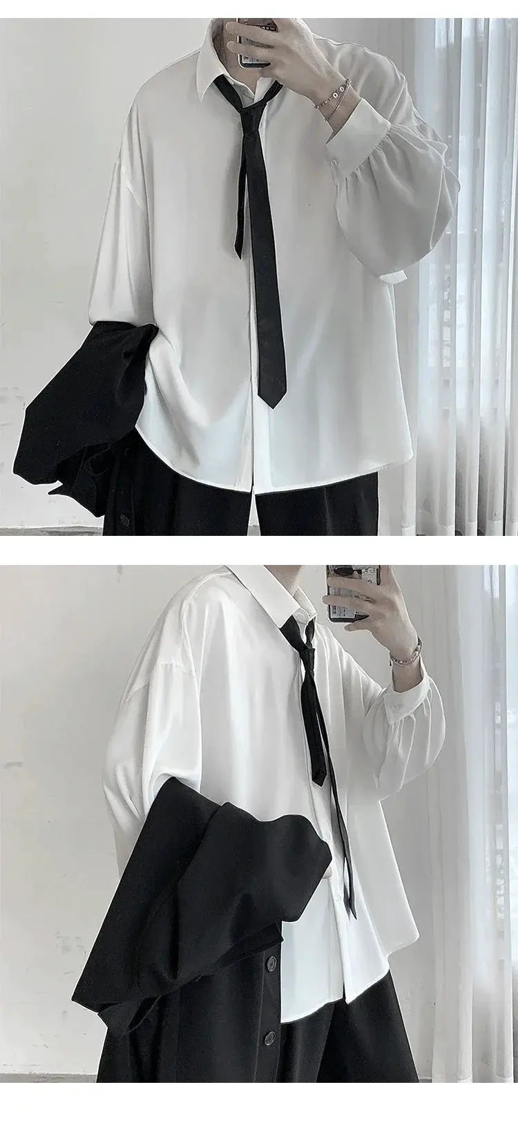 Korean-style oversized white men's long-sleeve shirt with black tie by Simples Market