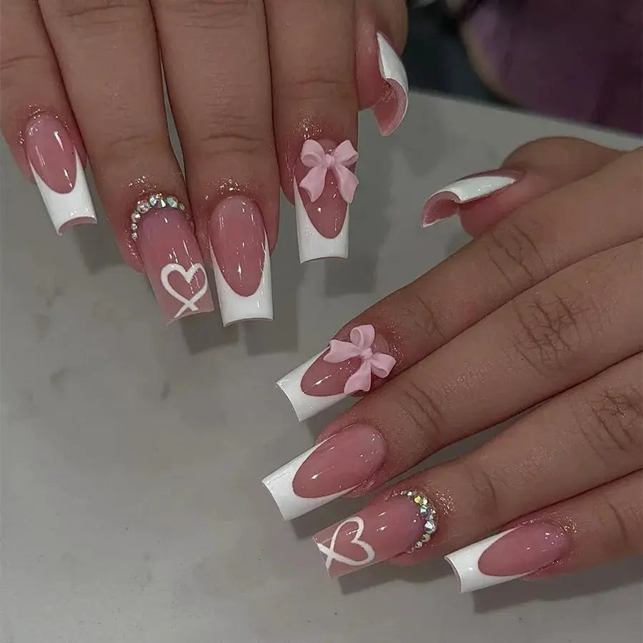 LuxeNail White French Press On Nails 3D Bowknot Full Cover Tips Durable 24Pcs DIY Manicure Set