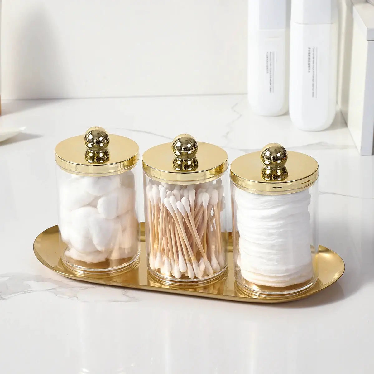 Lumina Home Qtip Holder Bathroom Set With Golden Tray And Acrylic Apothecary Jars Lid For Organized Countertop