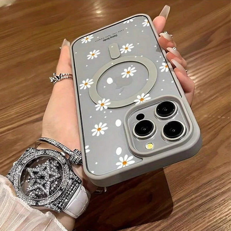 iPhone case with gray daisy-pattern, magnetic back and built-in ring stand