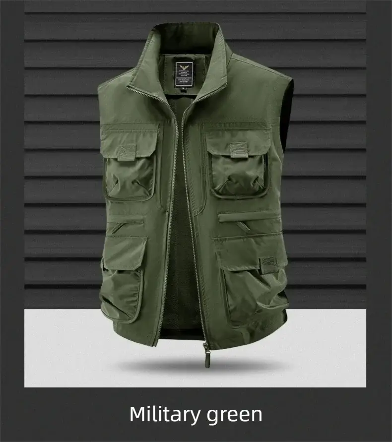 Men's military green vest with vertical collar, large multi-pocket cargo style, breathable quick-drying fabric