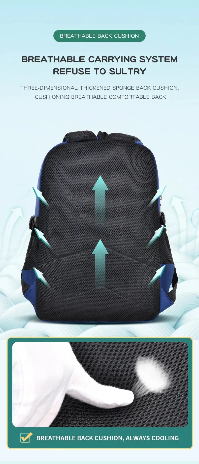 School backpack by Simples Market, black breathable mesh back cushion with teal airflow arrows and blue accents.