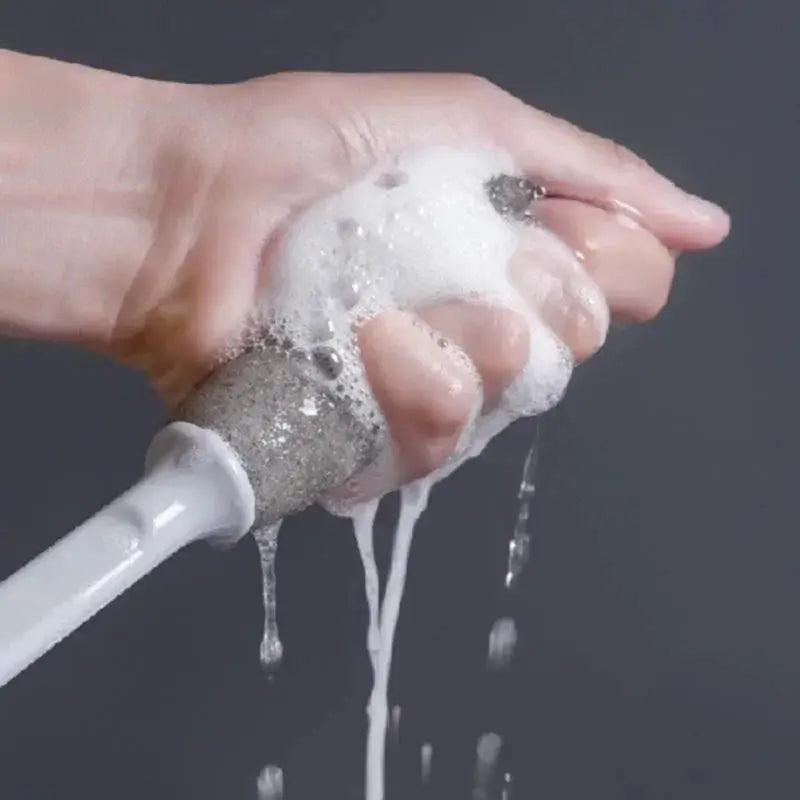 Long-handle sponge bottle brush with gray scrubber, foamy soap in use