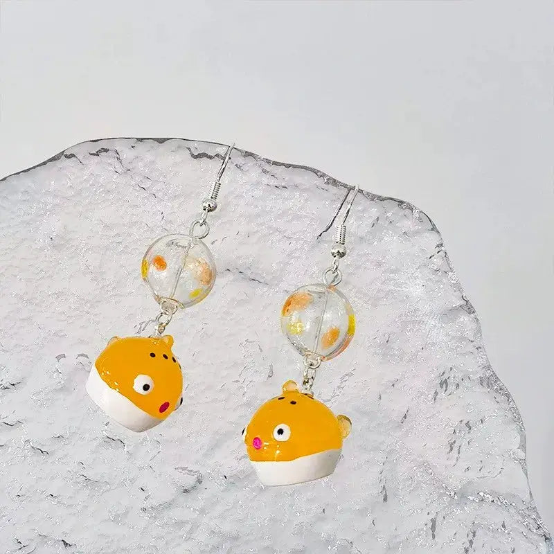 Goldfish drop earrings with transparent spotted beads and yellow-orange fish charms, pair