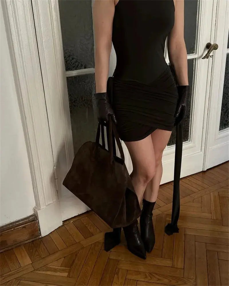 Turtleneck Sleeveless Mini Dress Women Ruched Irregular Club Party